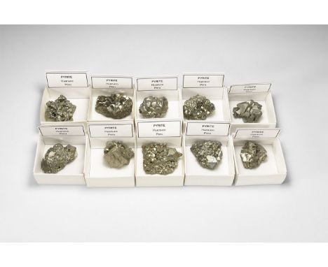 A group of ten pyrite specimens, each in white card tray with label reading 'Pyrite, Huanuco, Peru'.  556 grams total, 38-41m