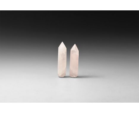 A pair of finely cut and polished rose quartz obelisks or 'massage tools'.  35 grams total, 56-58mm (2 1/4"). From a historic