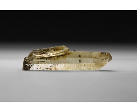 A unusual specimen of anatase crystals developed on the outside of a light smoky quartz crystals, in old white card tray with