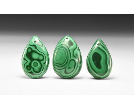A group of three polished, tear-shaped green banded malachite pendants; in white card tray.  58 grams total, 41-44mm (1 3/4")