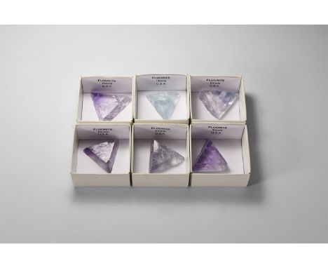 A group of cut fluorite triangles of pale purple and blue colour, each in a white card tray with a label reading: 'Fluorite, 