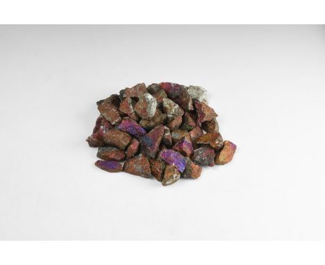 A group of fifty bornite pieces, each with orange and purple iridescence to the surface.  763 grams total, 21-46mm (3/4 - 1 3