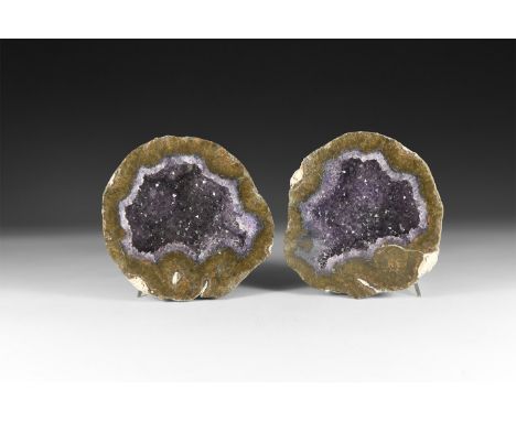 A cut and polished pair of geode halves with amethyst crystals to the voids.  906 grams total, 10-10.5cm (4"). From a histori