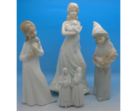 Lladro, Nao and Past Times figures and a small figure of nuns, (4)