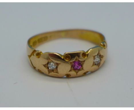 A 15ct gold, ruby and diamond ring, 2.1g, L, worn Chester hallmark