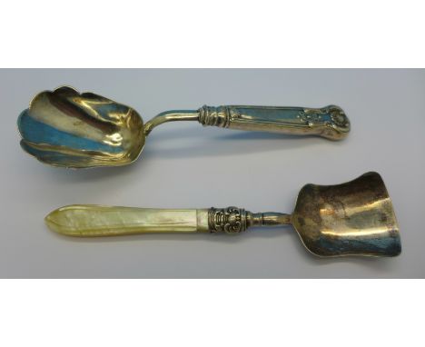 A Victorian silver and mother of pearl caddy spoon by George Unite, Birmingham 1862, and one other Georgian scoop, repaired