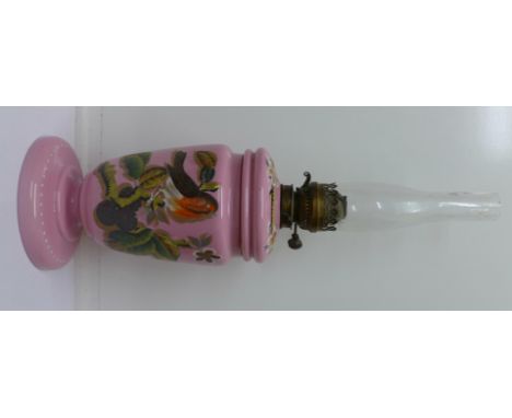 A Victorian enamelled pink glass oil lamp, a/f