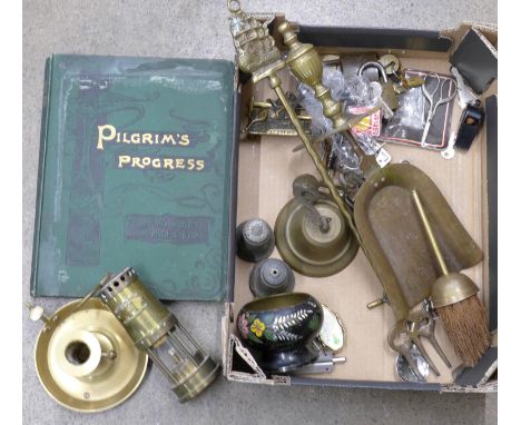 One volume, Pilgrims Progress by John Bunyan, 1896, metalwares including an E. Thomas & Williams Ltd Cambrian miner's lamp, b