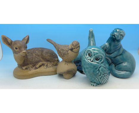 Five Poole pottery figures including owl and seal