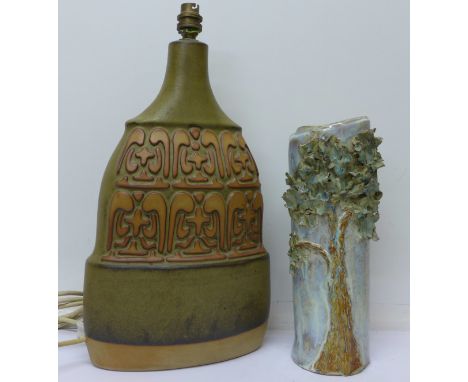 A studio pottery table lamp base and a studio pottery vase, signed to base, vase 31cm