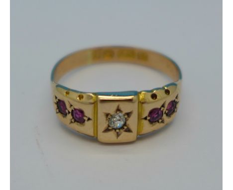 A Victorian 15ct gold, ruby and diamond ring, Birmingham 1891, 2.1g, N