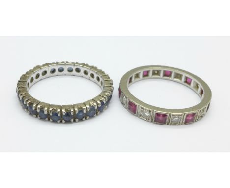 Two white metal set eternity rings, one lacking stone, K and M, 4.9g