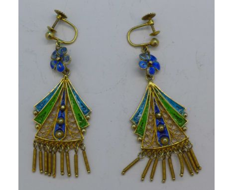 A pair of 835 silver gilt and enamel earrings