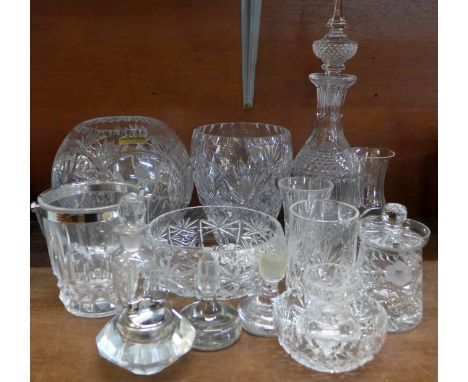 Crystal and cut glass vases, decanter, stoppers, etc.