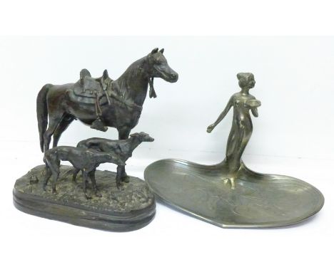 A metal figure group and an Art Nouveau style figural dish