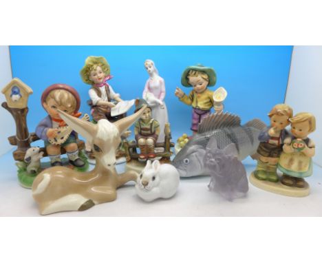 Two Goebel figures, a Royal Copenhagen model of a fish, a glass model of a French Bulldog, all a/f, a Szeiler foal, rabbit an