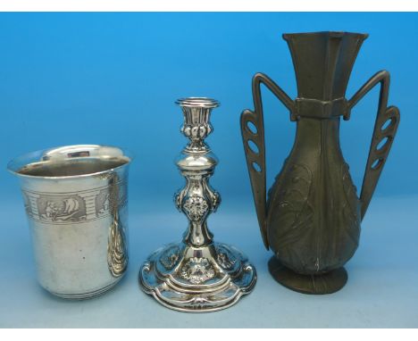 A Chinese white metal beaker, a white metal candlestick and a French Art Nouveau pewter vase, vase 14.5cm