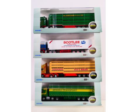 Oxford - 4 x boxed trucks in 1/76 railway scale including Mercedes Actros in Sparks Transport livery # 76MB006, Scania with H