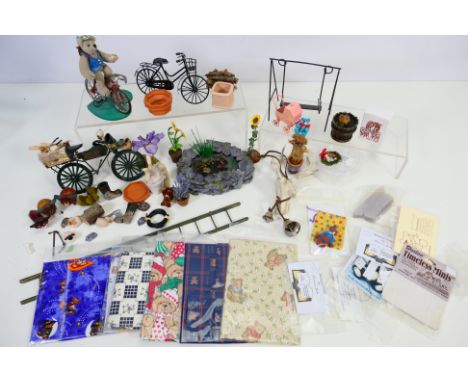 Dolls House Furniture - A collection of good quality 1/12 scale dolls house accessories including a garden pond, plants, plan