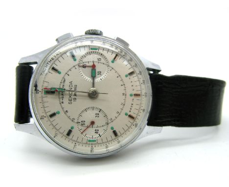 A 1960's Russian Military Style Chronograph Sekonda 19 jewel Tachymeter Wristwatch, the white dial with baton markers and thr