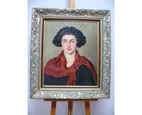 •PHILIP NAVIASKY (Leeds Artist, 1894-1983) *ARR Portrait of a lady wearing red patterned scarf, oil on board, unsigned, bears