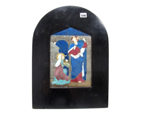 An Early XX Century Enamel Picture, depicting a kneeling woman before Christ in a doorway, framed, 28 x 17.5cm.