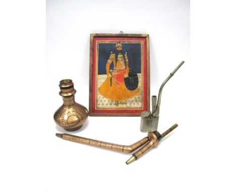 An Early XX Century Indian Picture of a Gentleman, in orange ceremonial dress and holding a shield and a dagger, 32 x 23cm; A