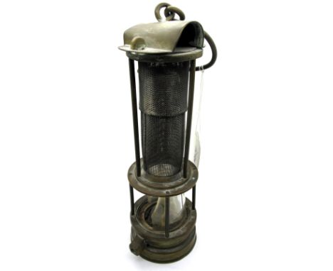 Davis &amp; Son (Derby) Type Brass Miner's Safety Lamp, stamped "Davis Derby", (glass broken), 33cm high (including suspensio