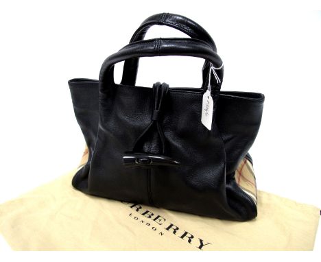Burberry; Toggle Horn Black Leather Handbag, with twin rolled leather handles, Burberry signature print inset to each side, 2