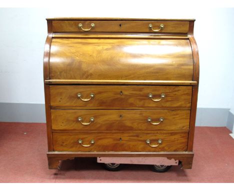 A Continental Mahogany Bureau in the George III Style, single frieze drawer above fitted interior of pigeon holes, small and 