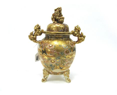 A Late XIX Century Japanese Satsuma Koro and Cover, the footed ovoid body with dog of fo handles and finial to the cover, ela