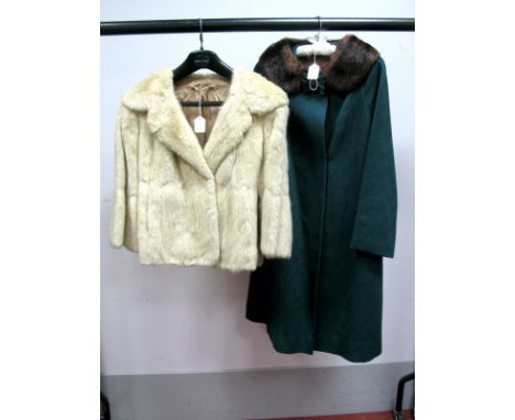 A Cream Fur Cocktail Jacket, with three-quarter length sleeves, 54cm long; together with a vintage "Clarewood" green wool coa