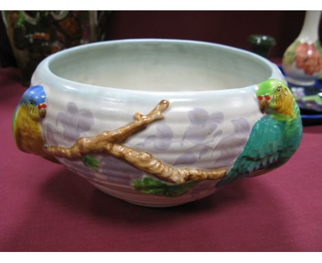 A Newport Pottery Clarice Cliff Ribbed Circular Bowl, moulded with Budgerigars, printed mark, impressed 845, 19cm diameter.