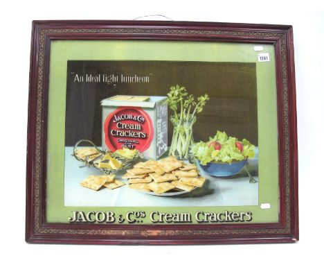An Early XX Century Jacob's Cream Cracker Advert, in the form of a framed print, original frame embossed on each side with "J