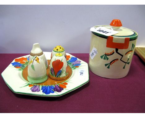 A Wilkinson Ltd Clarice Cliff Bizarre 'Orange Crocus' Pattern Octagonal Plate, printed marks, 14.5cm diameter, a Clarice Clif