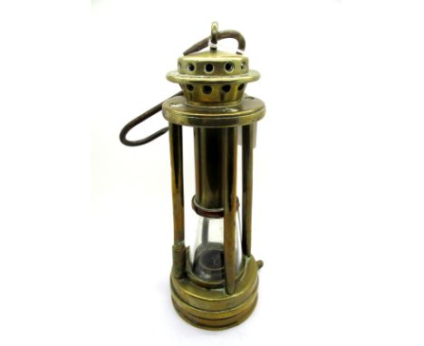 A Brass Stanley of Derby Style Miner's Safety Lamp, with conical glass reservoir, 39cm high (including detachable suspension 