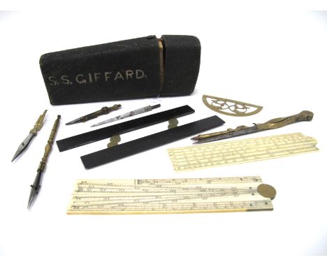 A Mid XX Century Shagreen Cased Geometry Set, including two ivory rules, ebony parallel rules, brass dividers etc.