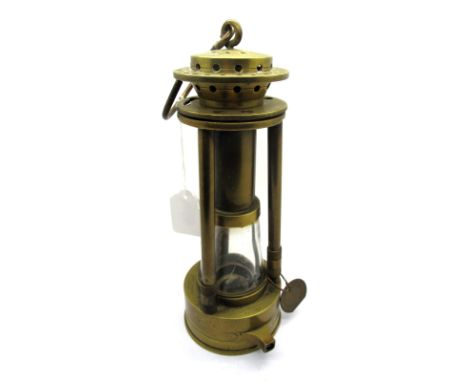 A Stanley of Derby Ashworth Patent Hepplewhite Miner's Safety Lamp, with conical glass reservoir, 31.5cm high (including susp