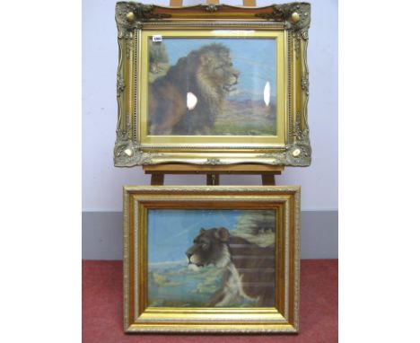 R. BOWEN (English School, Late XIX/Early XX Century) Lion and Lioness, each in a mountainous landscape, a pair, oil on canvas