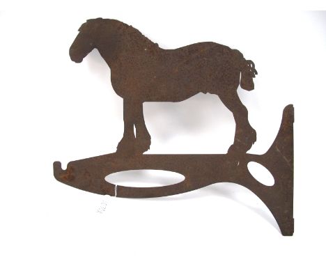 A Vintage Metal Heavy Horse Farm Sign, in the form of a bracket surmounted by a shire horse, 40cm long.