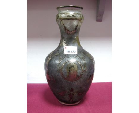 A Late XIX Century Frosted Glass Vase, of baluster form, overlaid in white metal with portrait panels of young ladies within 