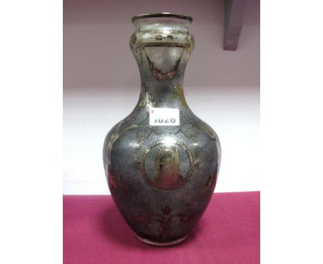 A Late XIX Century Frosted Glass Vase, of baluster form, overlaid in white metal with portrait panels of young ladies within 