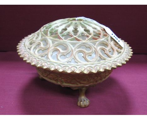 A Royal Worcester Porcelain Blush Ivory Pot Pourri Bowl and Pierced Cover, of circular form raised on three claw feet, elabor