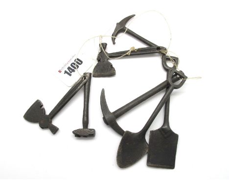 Seven Miniature Mining Tools, including spade, pick axe, shovel, chisel etc. (7)