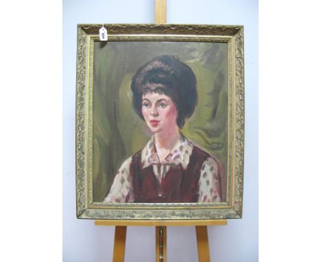 •PHILIP NAVIASKI (1894-1983) *ARR Portrait of a Lady, wearing a patterned blouse and maroon waistcoat, oil on board, signed a