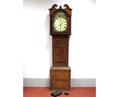 A XIX Century Mahogany and Oak Eight-Day Longcase Clock, the hood with swan neck pediment and reeded columns to white painted