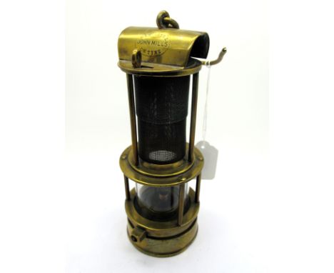 John Mills of Newcastle Upon Tyne Clanny Type Miner's Safety Lamp, with screw lock and gauge, 26cm high (including suspension