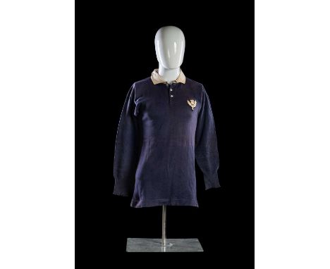 A 1906/1907 SCOTLAND INTERNATIONAL RUGBY UNION JERSEY MATCH-WORN BY JOHN MACCALLUM (1883-1957)In navy blue cotton with white 