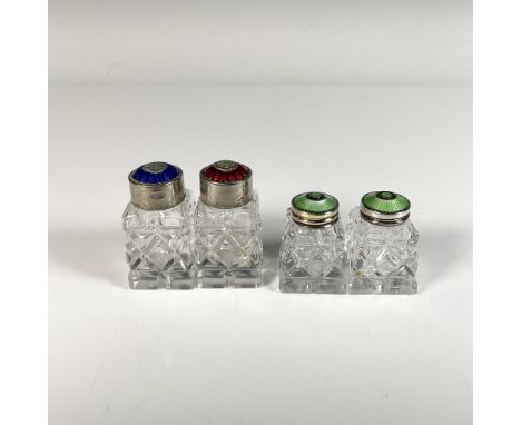 Two sets of salt and pepper shakers. The tops are silver metal with beautiful enamel. The larger set measures 1.25"L x 1.25"W