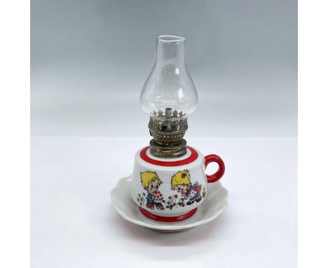 Small vintage handheld porcelain oil lamp with clear glass chimney decorated with painted boy and girl picking flowers, red h